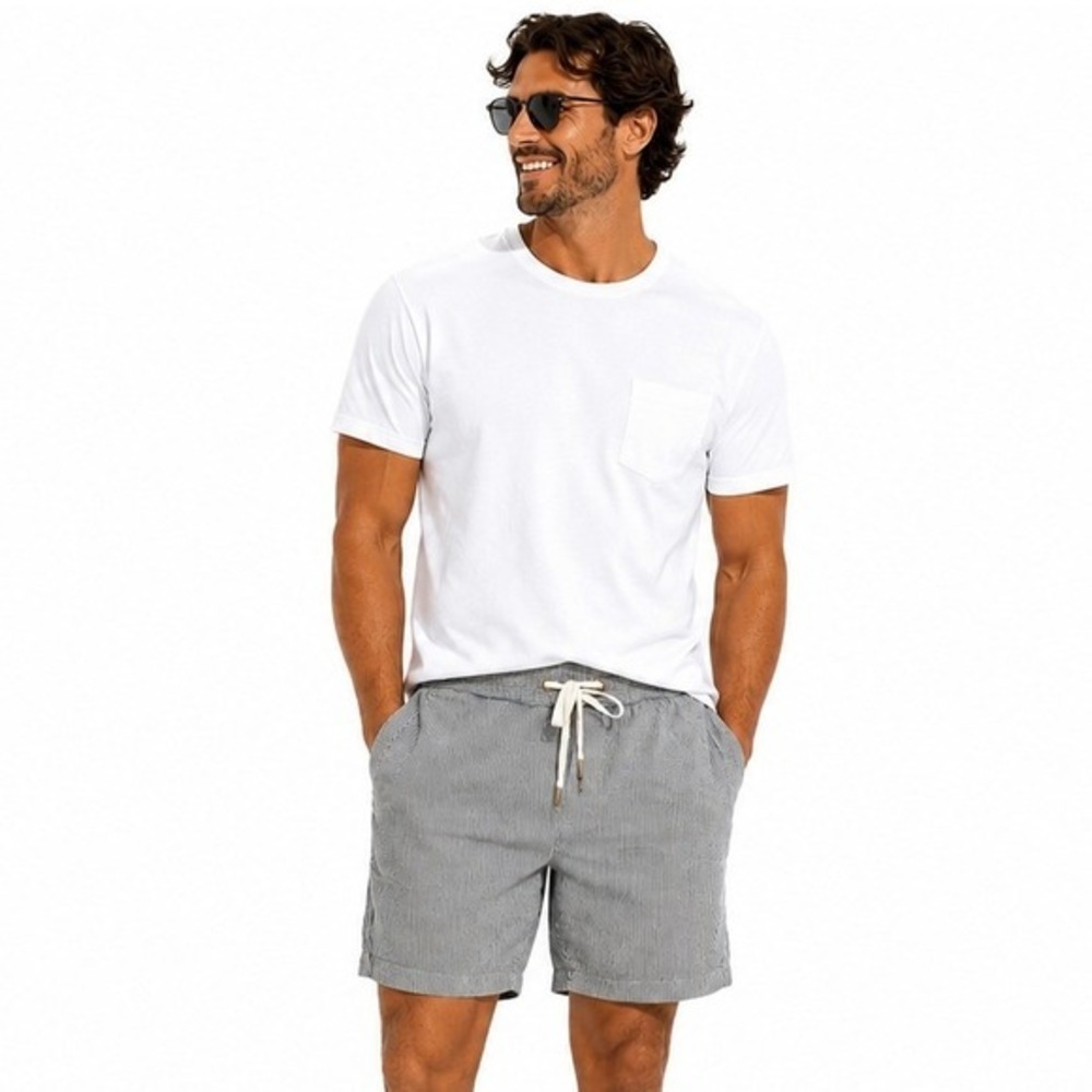 Liverpool Los Angeles Mens Railroad Stripe 7" Drawstring Shorts‎ Off-White M NEW
